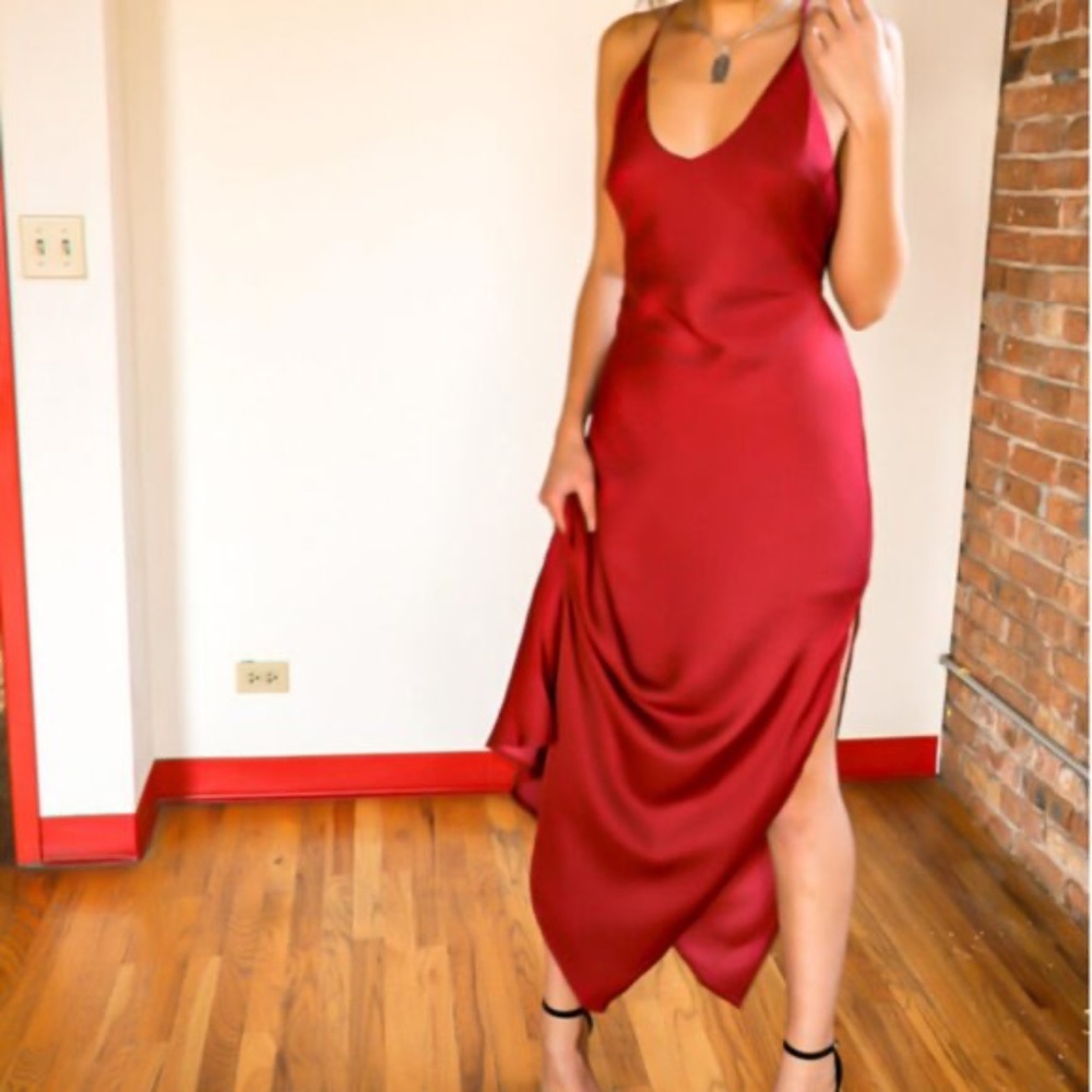 Aakaa Maxi Satin Burgundy Dress